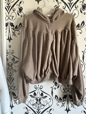 aerie Plush Hooded Zip Jacket in Taupe